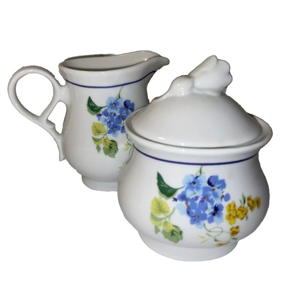 Forget Me Not Floral CREAMER pitcher and SUGAR BOWL with lid SET tea ware spring - Picture 1 of 16